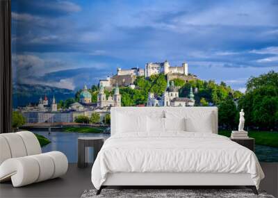 A view of the Austrian city of Salzburg along the Salzach River. Wall mural