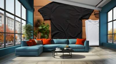 Mockup of a black t-shirt on a wooden background Wall mural