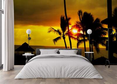 Palm tree sandy beach sunrise Wall mural