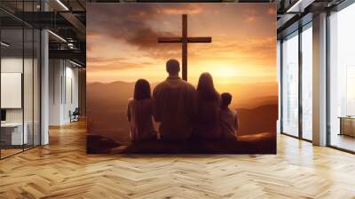 Back view of two parents standing, praying on the road with their children looking at the cross of Jesus Christ. Christian worship, salvation, gospel, faith concept. Christian Easter, Good friday Wall mural