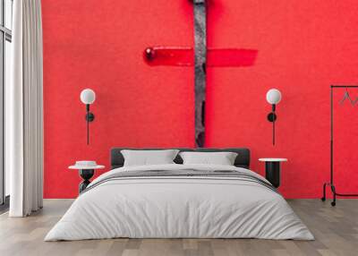 Christian cross made with rusty nails, drops of blood on red background. Copy space. Good Friday, Easter day. Christian backdrop. Biblical faith, gospel, salvation concept. Jesus Christ Crucifixion Wall mural