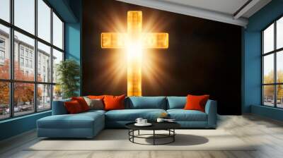 Christian cross with lights, bokeh on black background. Copy space. Faith symbol. Church worship, salvation concept. Faith symbol in Jesus Christ. Holy cross for Christmas, Easter day. Christianity Wall mural