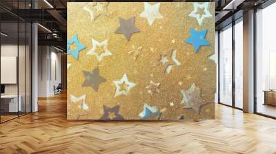 Christmas celebration. Abstract background for new year party. Patter of gold stars with lights, bokeh. Golden glitter stars on yellow shimmer texture. Square crop Wall mural