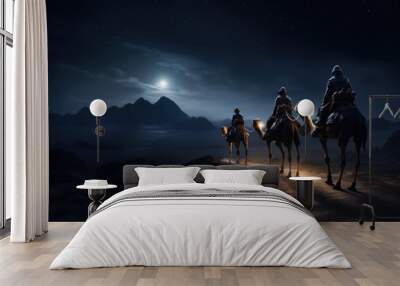 Christmas nativity story. Three wise man on camels against star of Bethlehem in night background. Christian Christmas concept. Birth of Jesus Christ, Salvation, Messiah, Emmanuel, God with us, hope Wall mural