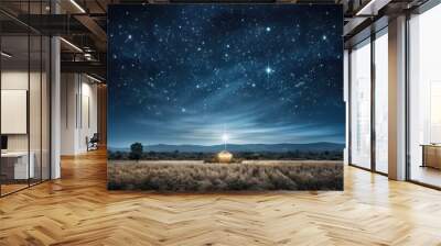 Christmas night. Comet star in night starry sky of Bethlehem. Nativity scene. Jesus Christ birth. The star shines over the manger of Jesus Christ. Wall mural