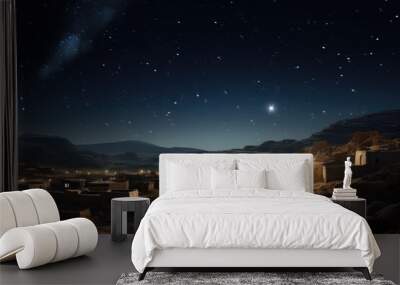 Christmas star over city of Bethlehem. Nativity story. Birth of Jesus Christ. Beautiful dark blue starry sky and bright star background Wall mural