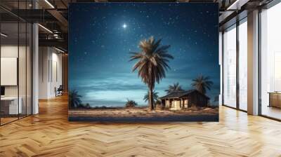 Christmas star over city of Bethlehem. Nativity story. Birth of Jesus Christ. Beautiful dark blue starry sky and bright star background Wall mural