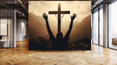 Church worship concept: Christian worship with raised hands to christian cross at Calvary hill background. Salvation, gospel, faith concept. Christian Easter, Good friday Wall mural