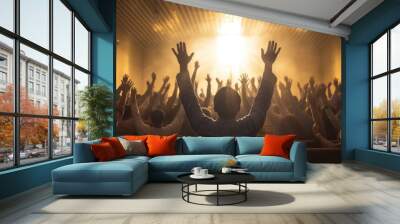 Church worship concept. Christians with raised hands pray and worship to the cross in church building. Salvation, gospel, faith, christian Easter, Good friday Wall mural