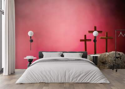 Crucifixion, resurrection of Jesus Christ. Three crosses against red sky on Calvary hill background. Christian Easter holiday, Golgotha. He risen and alive. Jesus is the reason. Gospel, salvation Wall mural