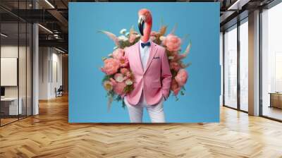 Cute flamingo in pink jacket with bouquet of flowers on blue background. Creative concept. Generative AI Wall mural