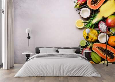 Exotic fruits and tropical palm leaves on grey concrete, background - papaya, mango, pineapple, banana, carambola, dragon fruit, kiwi, lemon, orange, melon, coconut, lime. Top view. Wall mural