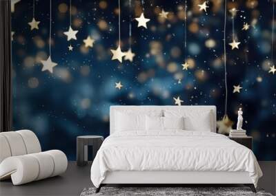 Festive starry sky background with blue light bokeh. New year and Christmas concept Wall mural