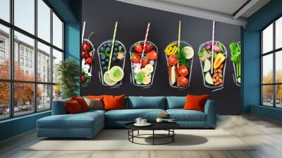 Food ingredients for blending smoothie or juice on painted glass over black chalkboard. Top view with copy space. Organic fruits, vegetables. Vegetarian, vegan, detox, clean eating concept Wall mural