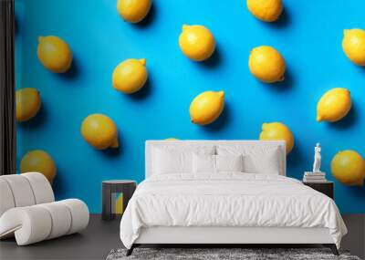 Food pattern with lemons on blue paper background. Top view. Summer concept. Vegan and vegetarian diet. Banner Wall mural