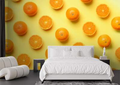 Fruit pattern of fresh orange slices on yellow background. Top view. Copy Space. Pop art design, creative summer concept. Half of citrus in minimal flat lay style. Wall mural