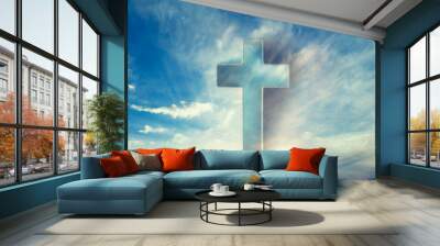 Gate to heaven. Shining cross in clouds on blue sky. Copy space. Ascension day concept. Christian Easter. Faith in Jesus Christ. Christianity. Church worship, salvation concept. Eternal life of soul Wall mural