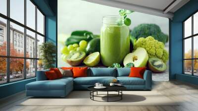 Glass jar mugs with green health smoothie, kale leaves, lime, apple, kiwi, grapes, banana, avocado, lettuce. Copy space. Raw, vegan, vegetarian, alkaline food concept. Banner Wall mural