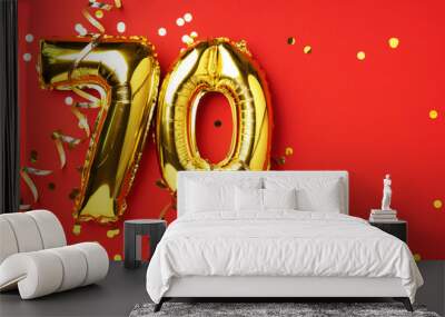 Gold foil balloon number, digit seventy. Birthday greeting card with inscription 70. Anniversary celebration event. Banner. Golden numeral, red background. Numerical digit, bright shiny glitter. Wall mural