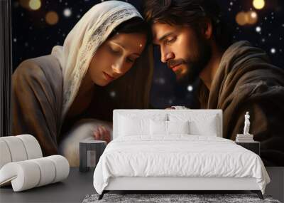 Nativity story - Joseph, Mary and newborn baby Jesus Christ. Christian Christmas scene with holy family in dark blue night. Birth of Salvation, Messiah, Emmanuel, God with us Wall mural