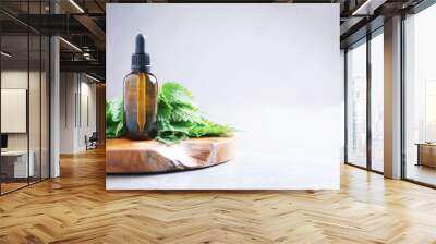 Nettle essence oil in dark bottle and fresh nettle leaves on grey background. Medicinal herb for health and beauty, skin care and hair treatment Wall mural