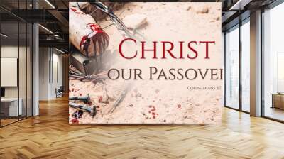 Old wooden cross, hammer, bloody nails and crown of thorns on ground. Banner. Copy space. Good friday. Passion, crucifixion of Jesus Christ. Christian Easter holiday. Gospel, salvation Wall mural