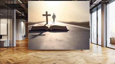 Open bible on the road. Way to heavens, salvation. Walking towards a cross. Christianity, gospel, worship, devotion concept Wall mural