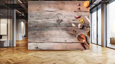 Organic vegetarian ingredients and kitchen tools. Healthy, clean food and eating concept. Top view. Copy space. Ingredients for cooking on wooden table. Vegan diet concept with copyspace. Zero waste Wall mural