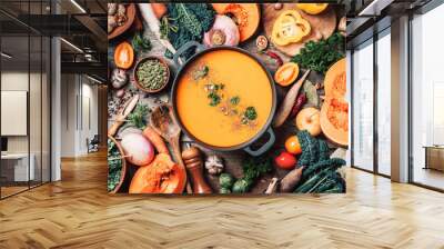 Pumpkin soup with vegetarian cooking ingredients, wooden spoons, kitchen utensils on wooden background. Top view. Vegan diet. Autumn harvest. Healthy, clean food and eating concept. Zero waste Wall mural