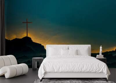 Silhouette of christian cross on mountain hill background. Copy space. Faith symbol. Church worship, salvation concept. Faith symbol in Jesus Christ. Holy cross for Easter day. Christianity Wall mural