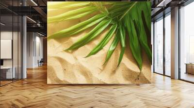 Summer background with green palm leaves on sand background. Beach texture. Copy space. Top view. Generative AI Wall mural