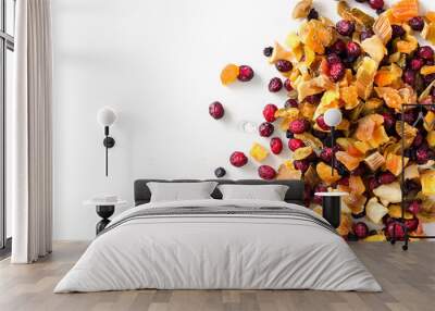 Sweet mix dried fruits on stone. Cranberry, rhubarb, apple, mango, cherry, peach, apricot. High dose vitamin C. Colorful background Wall mural