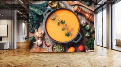 Vegan diet. Autumn harvest. Healthy, clean food and eating concept. Zero waste. Pumpkin soup with vegetarian cooking ingredients, wooden spoons, kitchen utensils on wooden background. Top view Wall mural