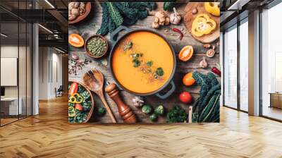 Vegan diet. Autumn harvest. Healthy, clean food and eating concept. Zero waste. Pumpkin soup with vegetarian cooking ingredients, wooden spoons, kitchen utensils on wooden background. Top view Wall mural