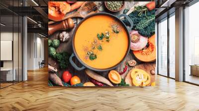 Vegan diet. Autumn harvest. Healthy, clean food and eating concept. Zero waste. Pumpkin soup with vegetarian cooking ingredients, wooden spoons, kitchen utensils on wooden background. Top view Wall mural