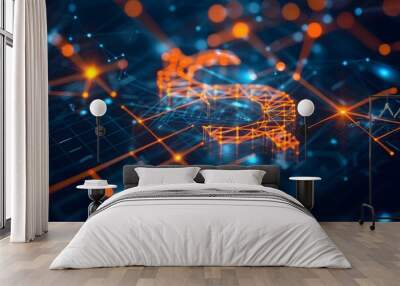 A digital representation of cryptocurrency and blockchain technology with a glowing digital coin symbol interconnected by a network of nodes and lines on a dark blue background Wall mural