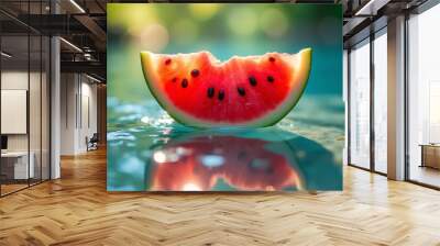 A juicy watermelon slice floating on water with ripples and glowing bokeh lights, creating a refreshing summer scene Wall mural