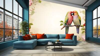 romantic background with a pair of love birds on the branches Wall mural