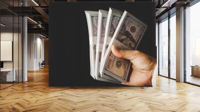 Banknote of 100 dollar bills in hands of rich woman person. Success business female holding cash money for investment. concept of saving finance, exchange bank, american currency, salary payment Wall mural