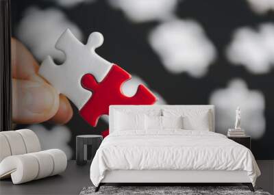 Business woman person hand holding puzzle piece idea for strategy and solution. Closeup part of two jigsaw connect together. Concept of join cooperation success teamwork-problem corporate team Wall mural