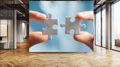 Business woman person hand holding puzzle piece idea for strategy and solution. Closeup part of two white jigsaw connect together. Concept of join cooperation success teamwork-problem corporate team Wall mural