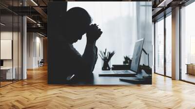 Stress business woman person from hard work, depression in office. Tired and anxious employee female with unhappy at problem job. young businesswoman sitting sad front of laptop computer on desk. Wall mural