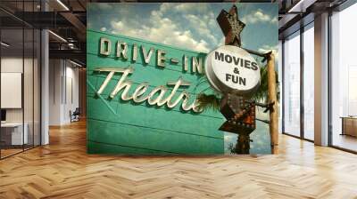 aged and worn vintage photo of drive in movies sign Wall mural