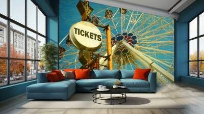 aged and worn vintage photo of ferris wheel and ticket sign Wall mural