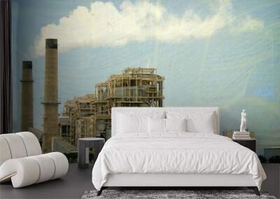 aged and worn vintage photo of industrial factory with pollution Wall mural