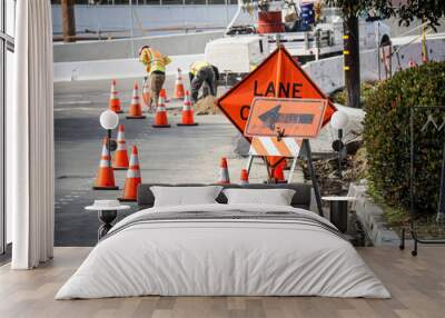 Road construction work being done with lanes closed Wall mural