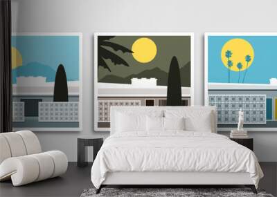 Set of retro mid-century modern architecture landscapes in vintage style Wall mural