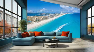 Cancun beach with boats and white clouds Wall mural