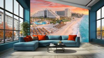 Cancun beach with resorts near blue ocean Wall mural