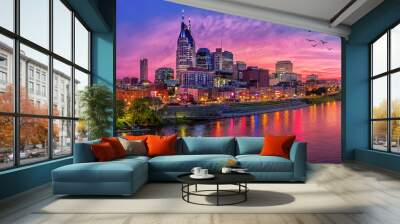 Nashvile TN skyline with red sunset and birds Wall mural